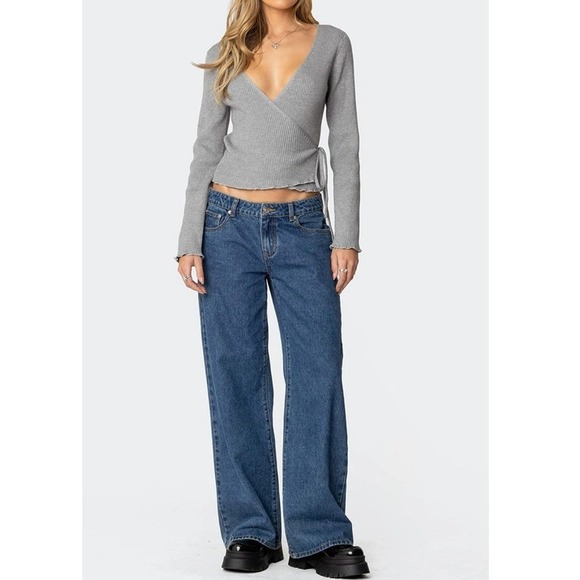 Edikted Women's Y2K Paden Ribbed Knit Wrap Top,Heathered Gray,S - Picture 9 of 12